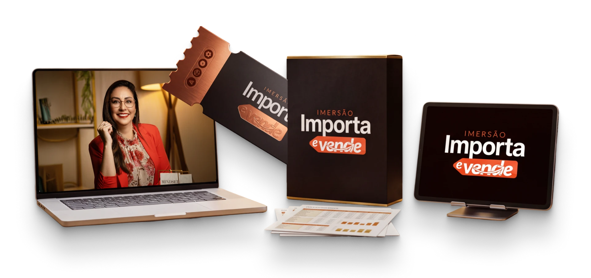 Combo de entregáveis da Imersão Importa e Vende: aulas ao vivo, ingresso, box do curso e planilha de precificação